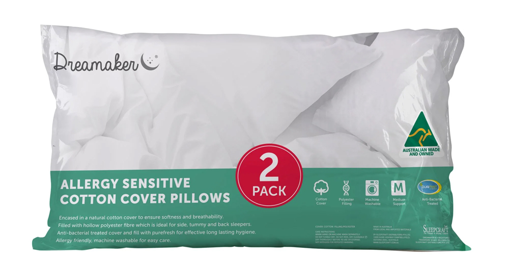 Dreamaker Allergy Sensitive Cotton Cover Pillow Twin Pack